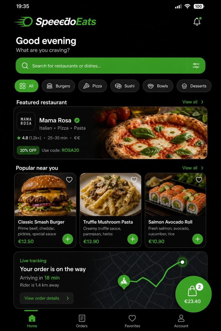 SpeedoEats app home screen showing restaurants, food items and live order tracking
