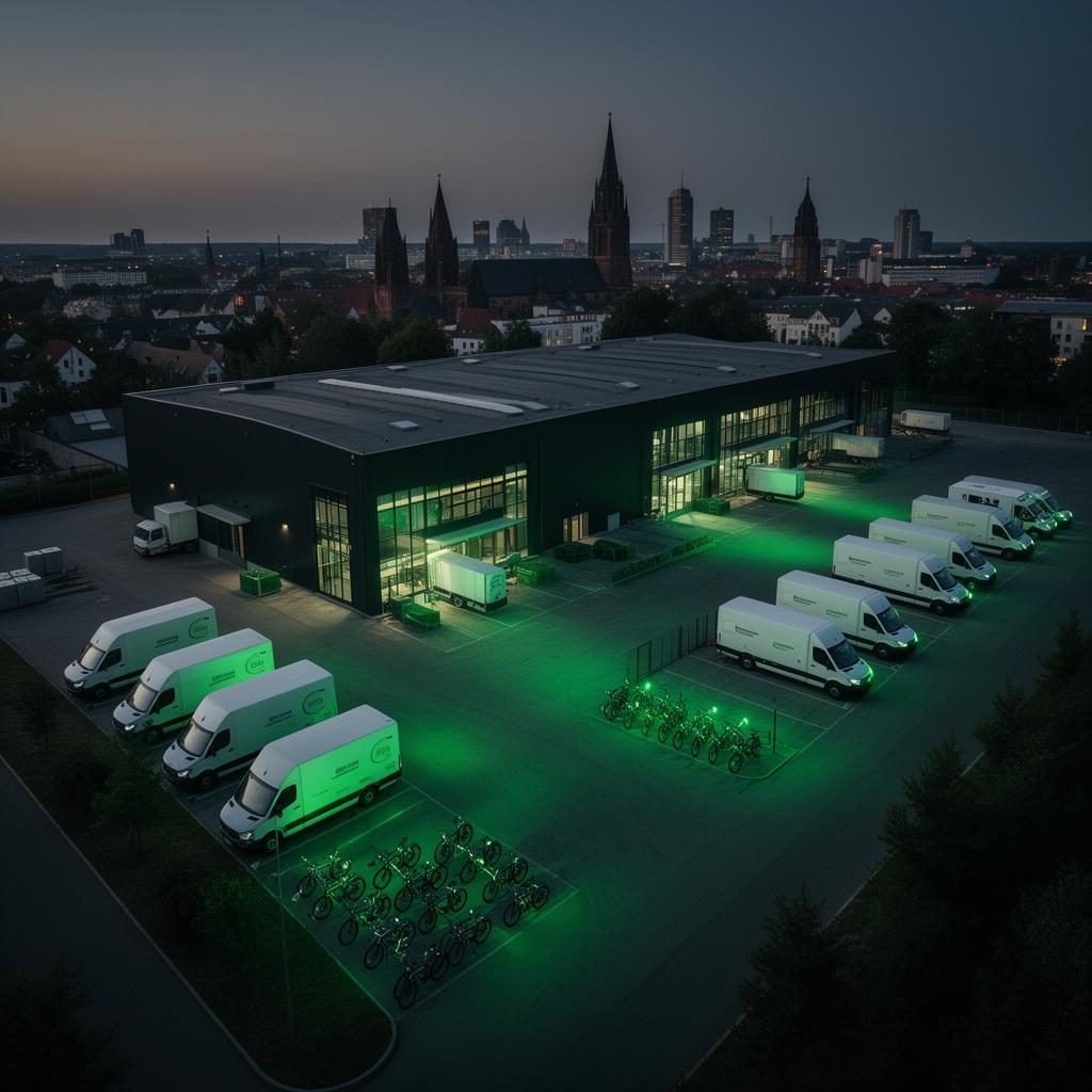 GreenRapid sustainable logistics hub at dusk with electric vans and e-bikes